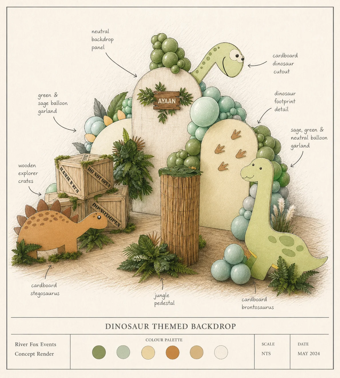 Hand-drawn concept render for a dinosaur themed children's party in Surrey, with sage and green balloon garland, cardboard dinosaur cutouts, jungle pedestal and explorer crates, annotated with colour palette swatches