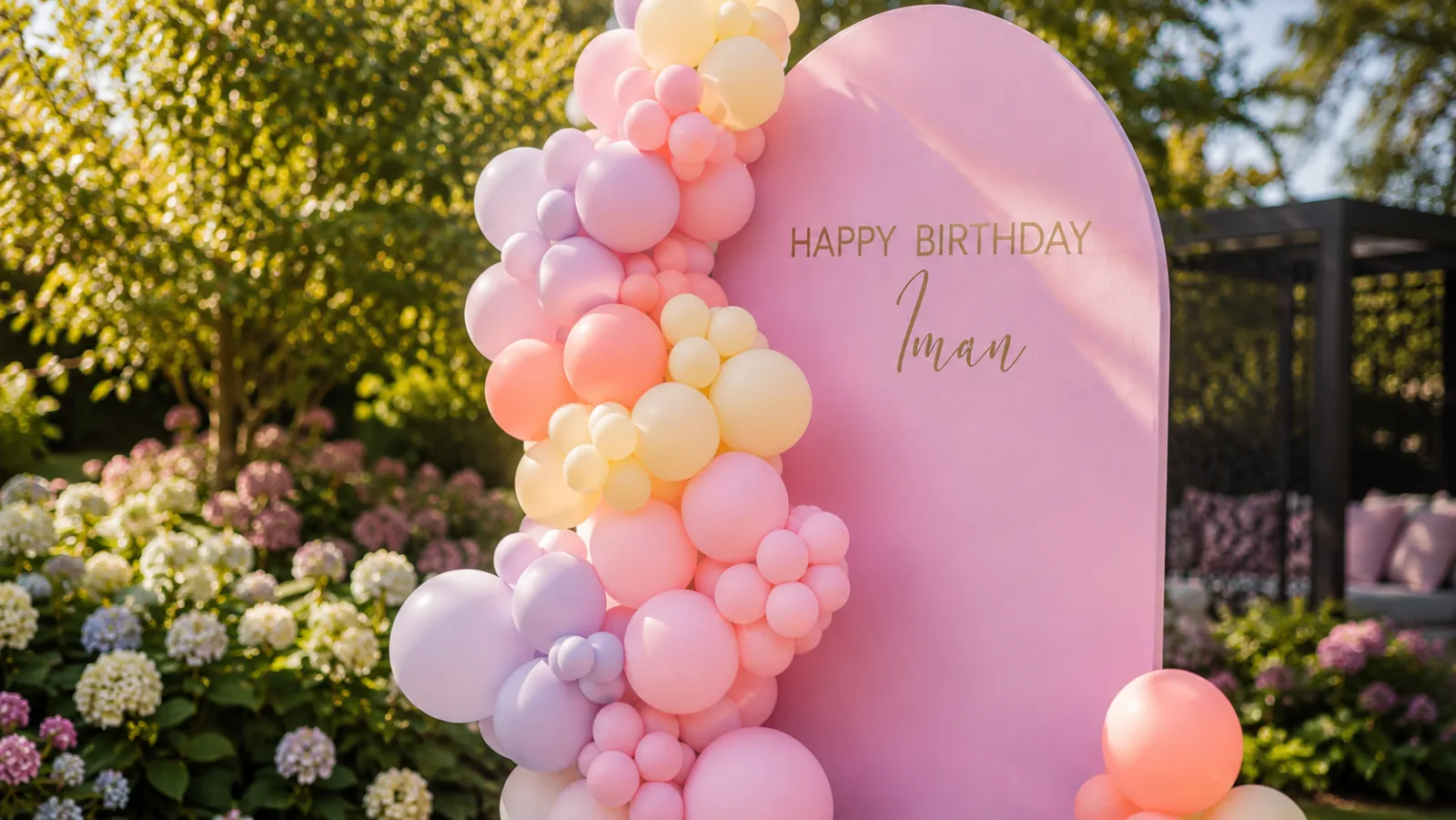 Pastel balloon garland in cream, peach, lilac and butter yellow wrapping a tall pink arched backdrop with hand-lettered Happy Birthday signage, set on a garden lawn against summer planting.