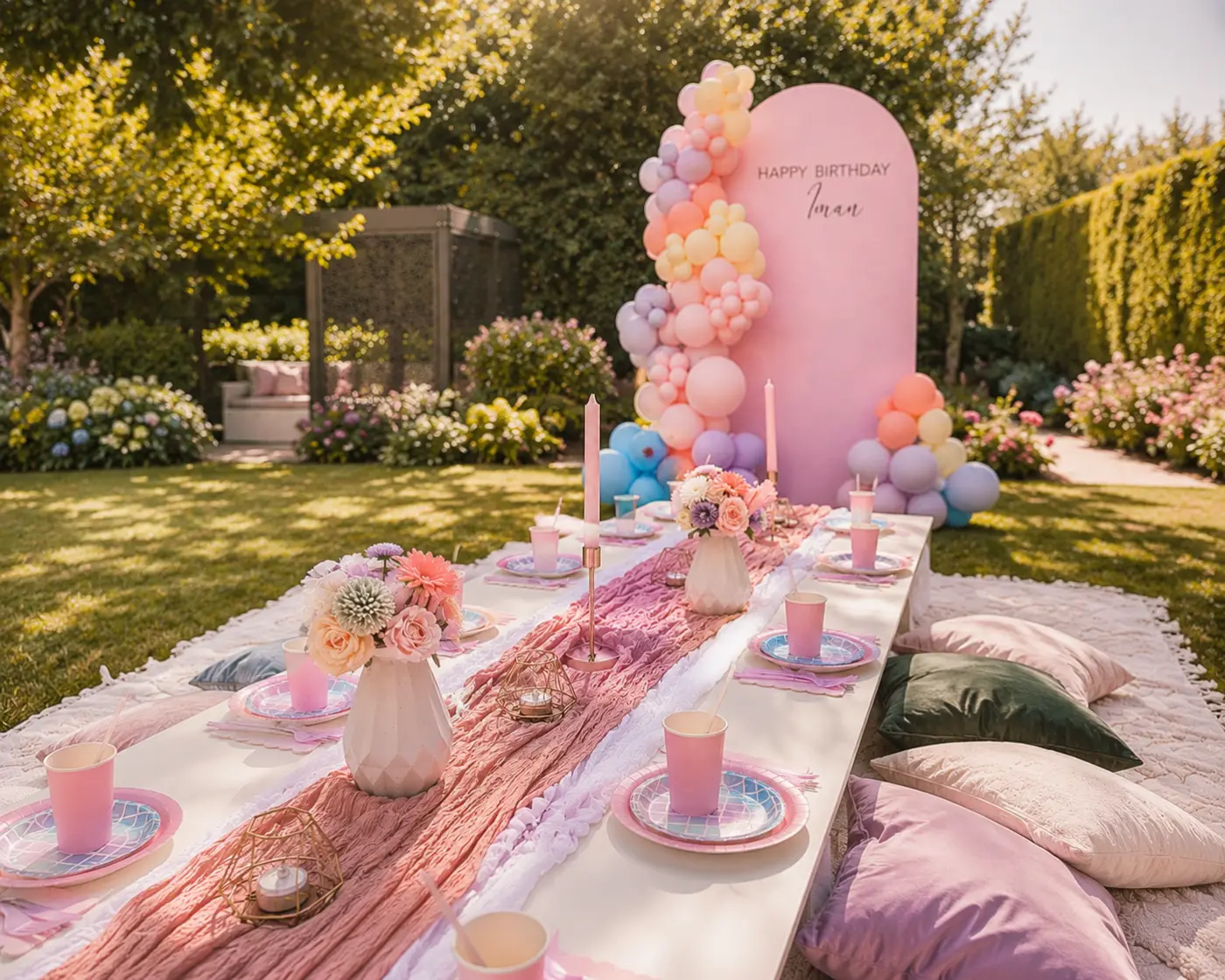 Long banquet-style picnic on a lawn in Oxted, with floor cushions, a cheesecloth runner, place settings and a tall pastel arched backdrop with balloon garland behind.