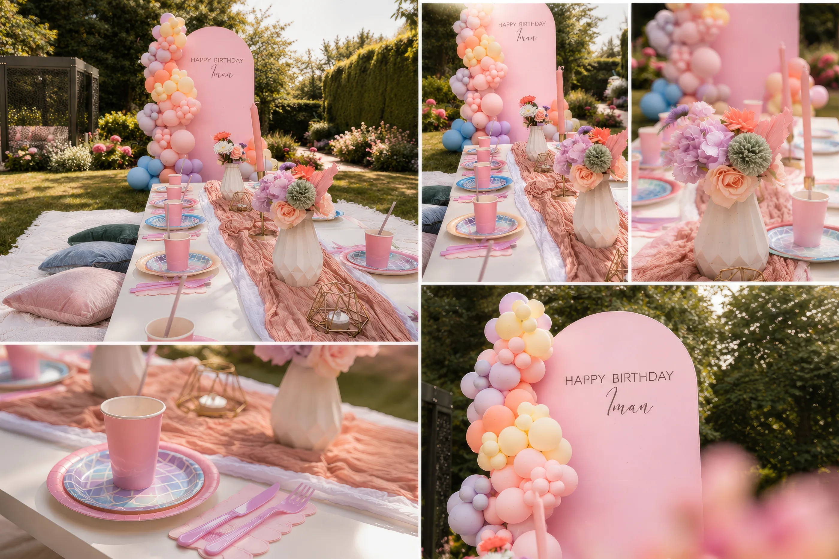 Pastel garden-party tablescape for Iman's milestone in Surrey by River Fox Events - soft floral runner, layered place settings and balloon installation