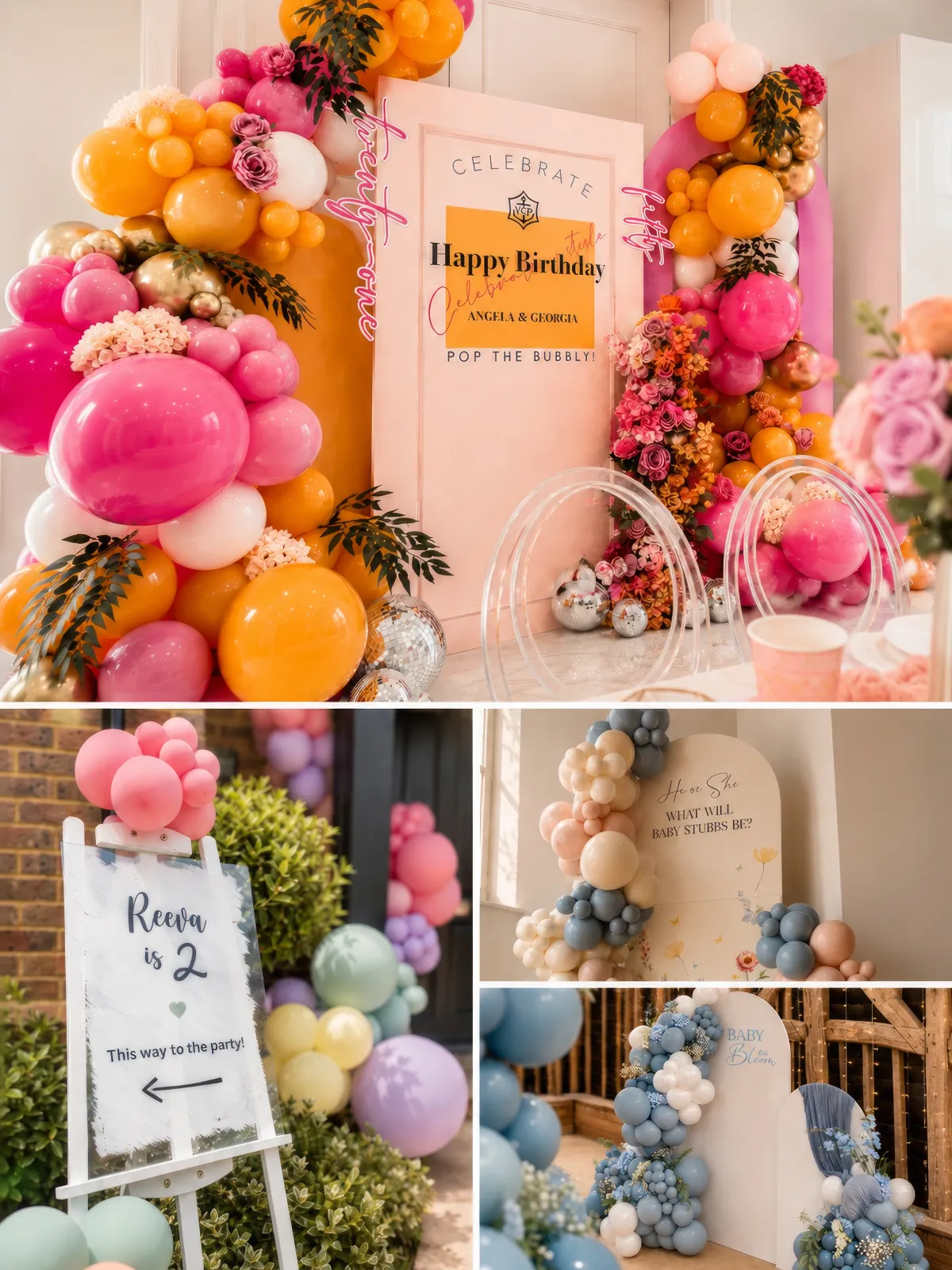 Pink and tangerine birthday balloon display with a Happy Birthday board, above blue baby-reveal arches and a Reeva is 2 sign