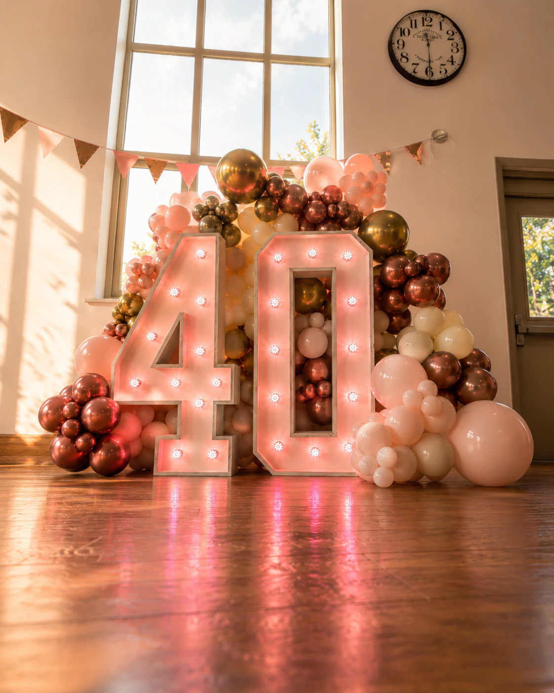 Sunlit 40th birthday rose gold marquee numbers with blush and chrome balloon garland styled by River Fox Events