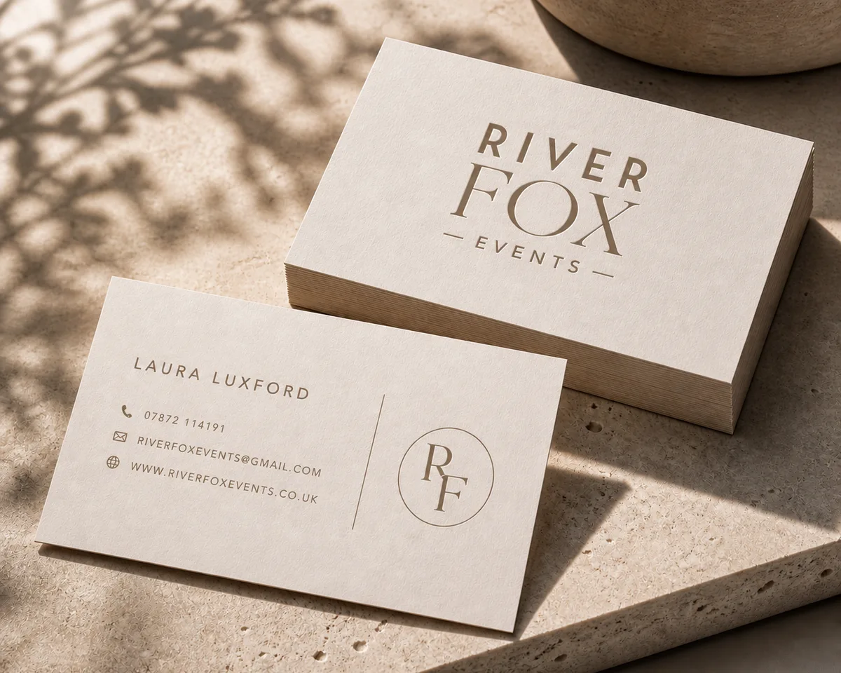 River Fox Events business cards in cream with the new brand identity, photographed on travertine
