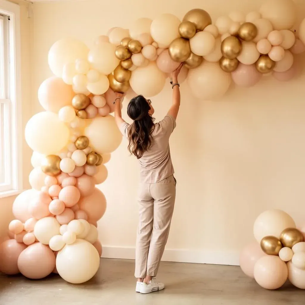 Laura, founder of River Fox Events (formerly Lollipop Balloons), styling a balloon installation in her Surrey studio