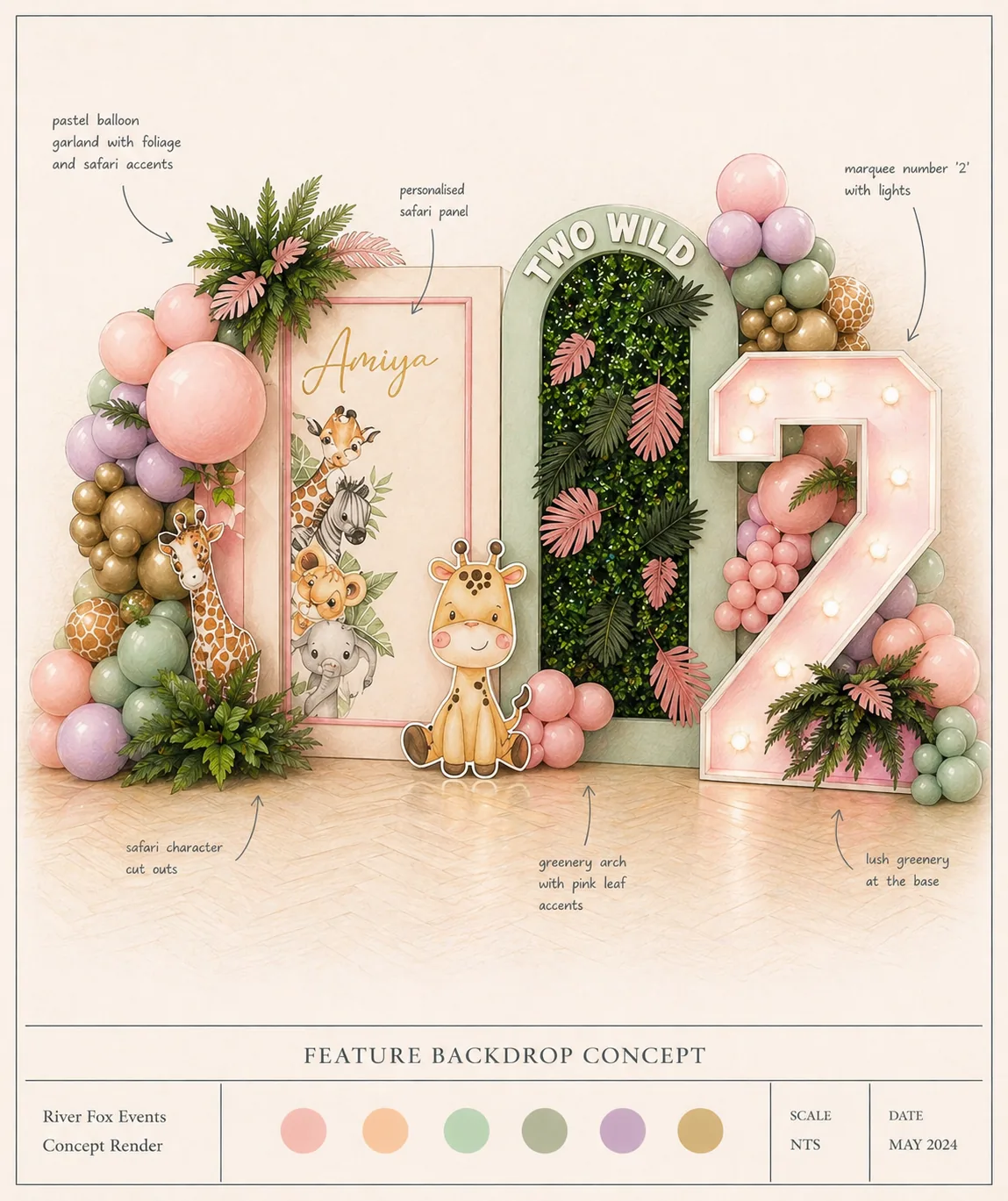 Hand-drawn concept render for Amiya's Two Wild safari second birthday at Horley Community Centre in Surrey, with pastel balloon garland, personalised safari name panel, marquee number 2 with lights and lush greenery accents