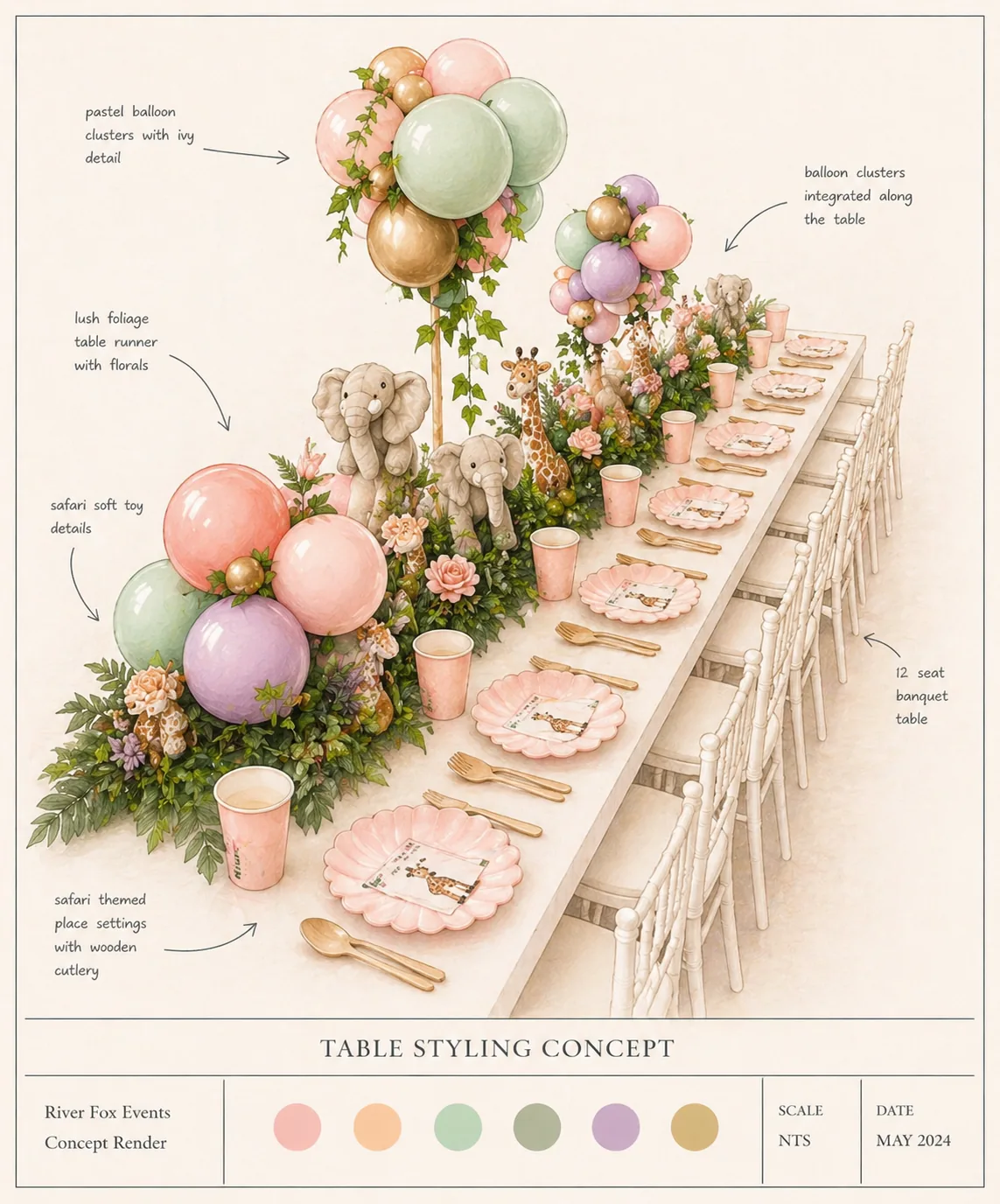 Hand-drawn concept render for a Two Wild safari second birthday table styling in Surrey, with pastel balloon clusters integrated along a long banquet table, lush foliage runner with florals, plush safari soft toy centrepieces and safari themed place settings